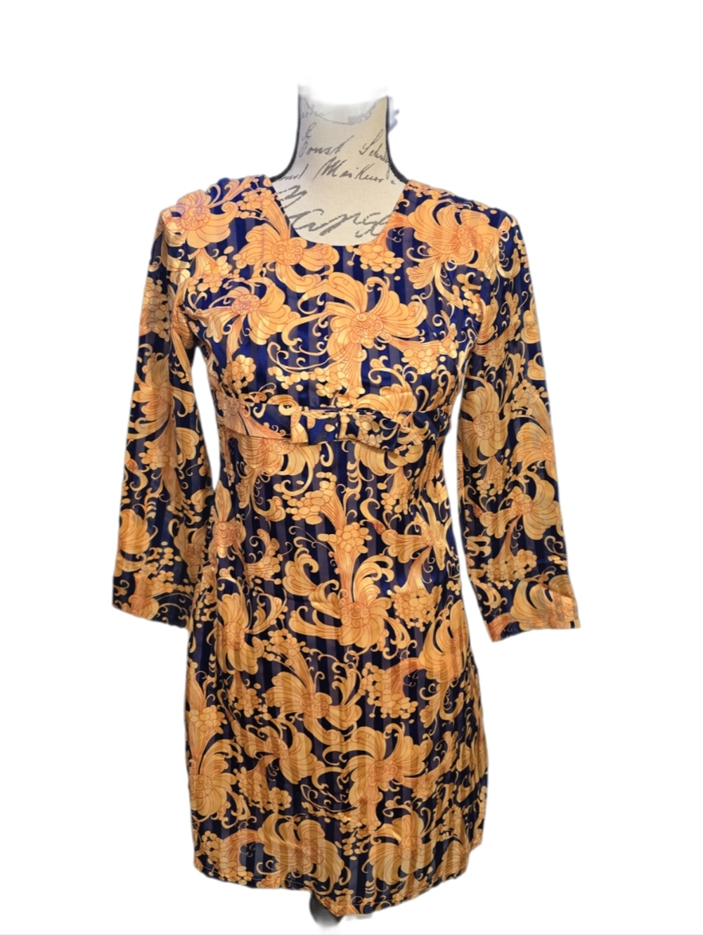 Women's 60s Navy and Orange Psychedelic Floral Mini Dress Sz XS-S